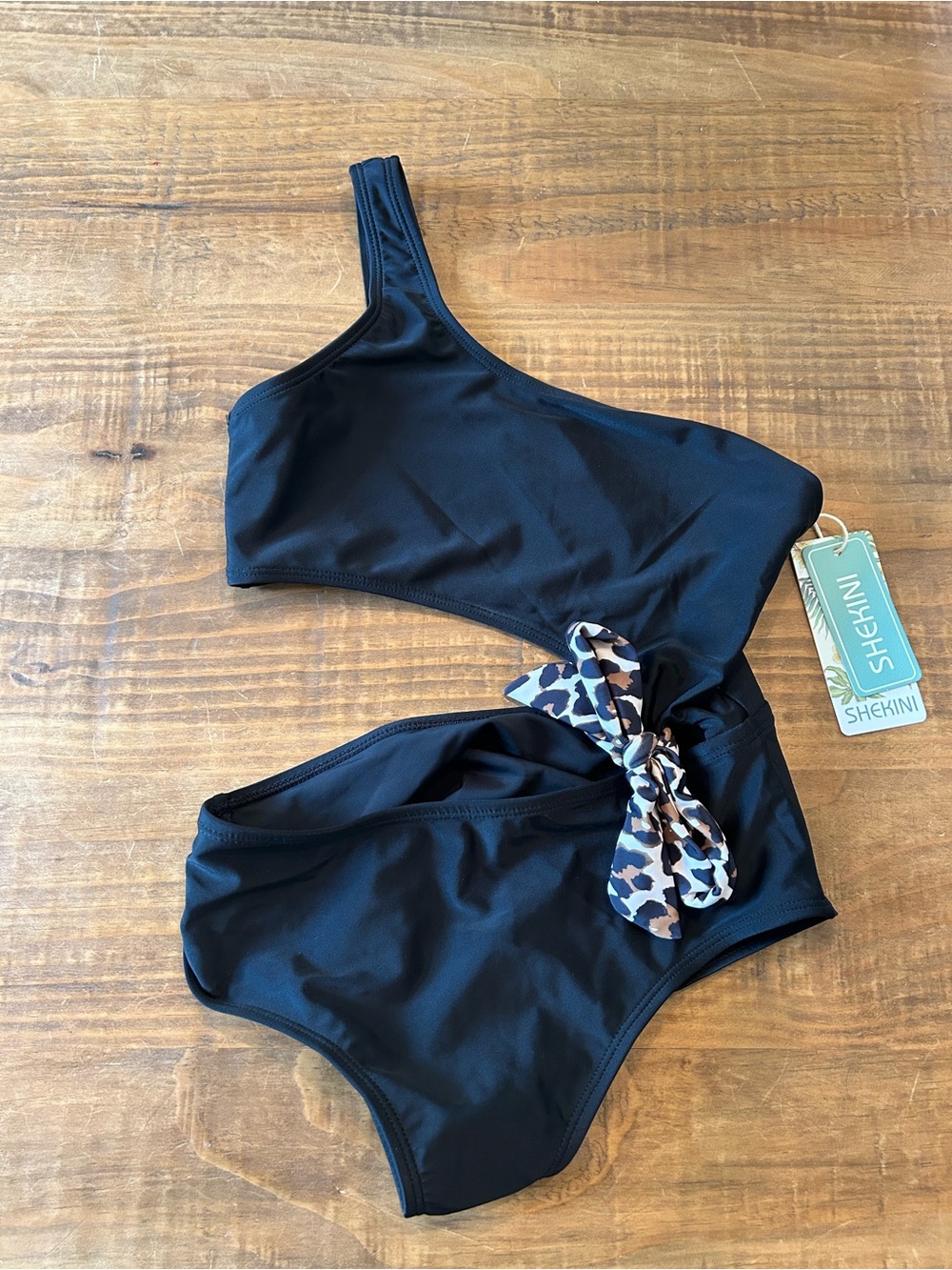SHEKINI Black One-Shoulder Cutout Swimsuit with Leopard Tie